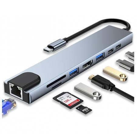 TYPE-C TO HDTV 8 IN 1 HUB RJ45+TF/SD+HDTV+USB*2+PD+TYPE-C HUB